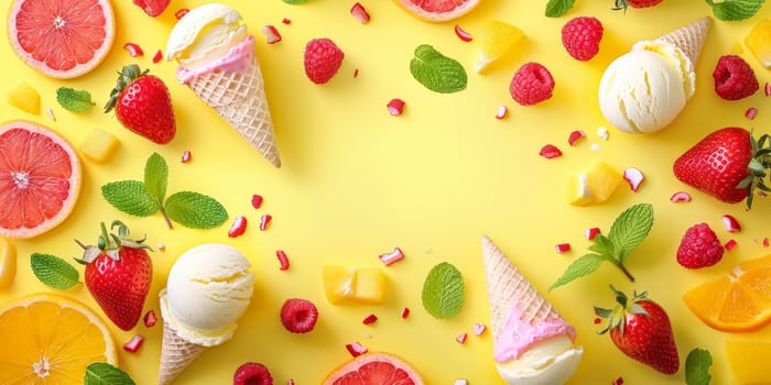 A yellow background with a variety of fruits and ice cream
