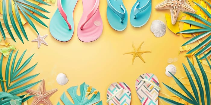 A beach scene with a yellow background and a bunch of colorful flip flops and seashells