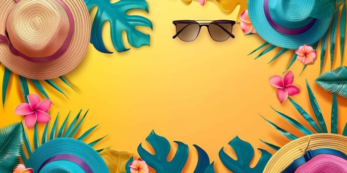 A yellow background with a bunch of hats and sunglasses. The hats are of different colors and styles, and the sunglasses are placed in the middle of the hats