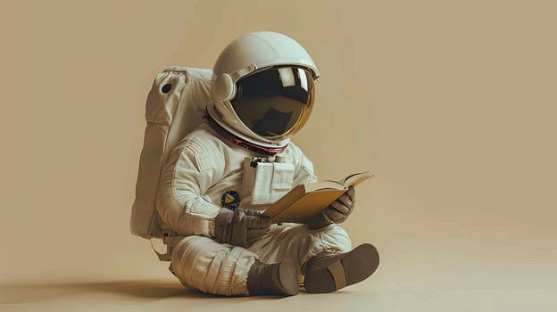 A cute little astronaut sitting and reading a book, Miniature astronaut reading a book.