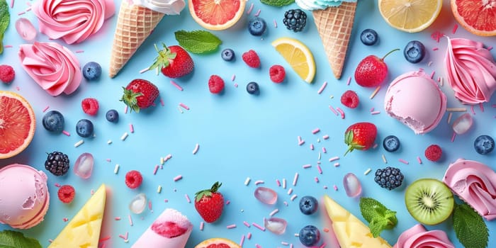 A blue background with a variety of fruits and ice cream. The fruits include strawberries, blueberries, raspberries, and kiwi