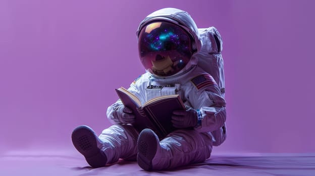 A cute little astronaut sitting and reading a book, Miniature astronaut reading a book.