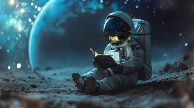 A cute little astronaut sitting and reading a book, Miniature astronaut reading a book.