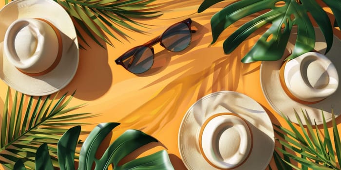 A tropical scene with hats, sunglasses, and palm trees