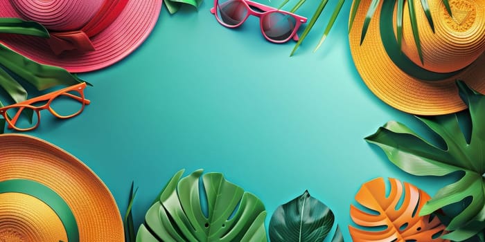 A colorful background with hats, sunglasses, and leaves. The hats and sunglasses are arranged in a circle, and the leaves are scattered around them. Scene is cheerful and summery