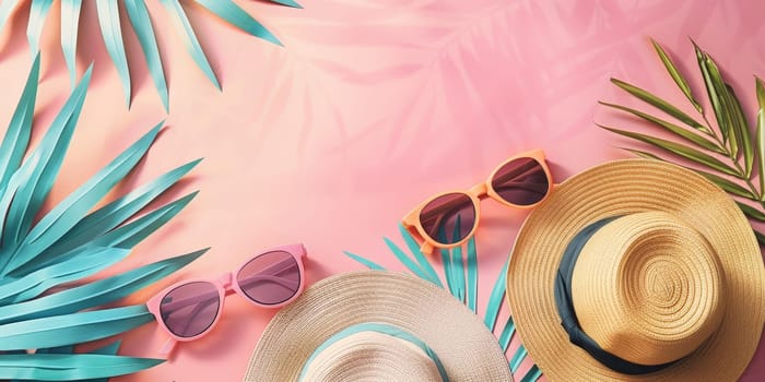 A pink background with three sunglasses and two straw hats