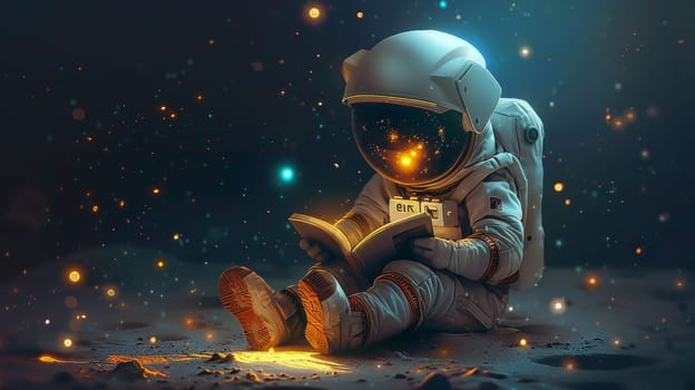 A cute little astronaut sitting and reading a book, Miniature astronaut reading a book.