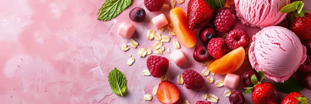 A pink background with a variety of fruits and ice cream. The fruits include strawberries, blueberries, and oranges