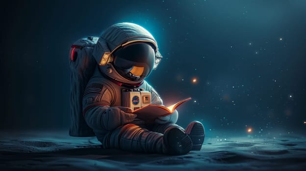 A cute little astronaut sitting and reading a book, Miniature astronaut reading a book.