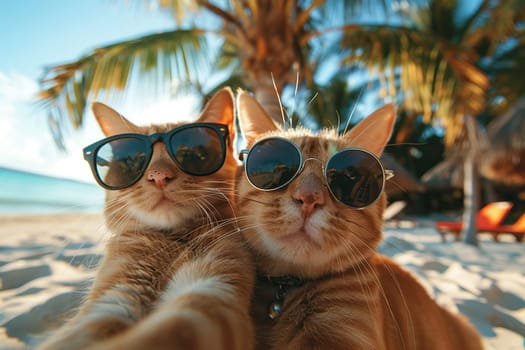 Two red tabby cats in sunglasses take a selfie on the beach. Humor, vacation concept.
