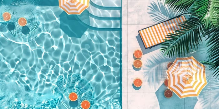 A pool with a row of umbrellas and a few oranges floating in the water. Scene is relaxing and fun