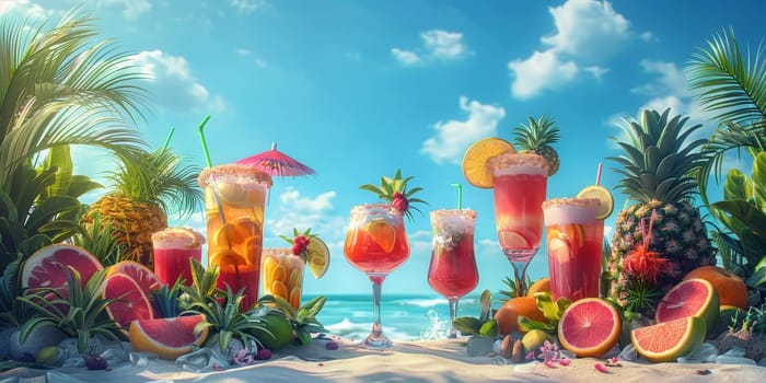 A row of colorful drinks and fruit on a beach. The drinks are in tall glasses and the fruit is in bowls. Scene is tropical and relaxing