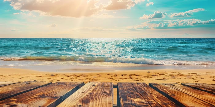 A beautiful beach scene with the ocean and a wooden board. Scene is peaceful and relaxing