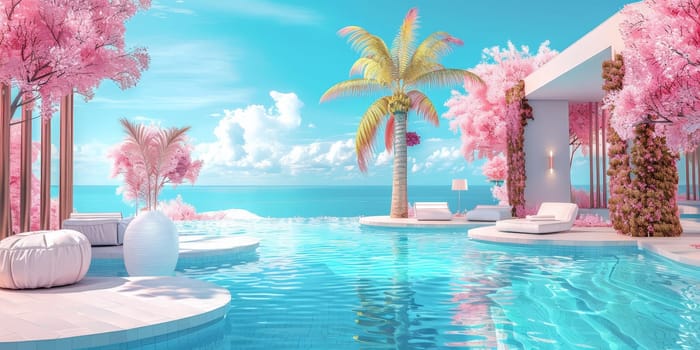 A beautiful beach scene with a pool and a palm tree. The water is calm and the sky is blue. The scene is peaceful and relaxing