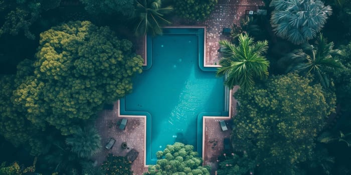 A pool with a cross design in the middle of a forest. The pool is surrounded by trees and has a greenish tint to it