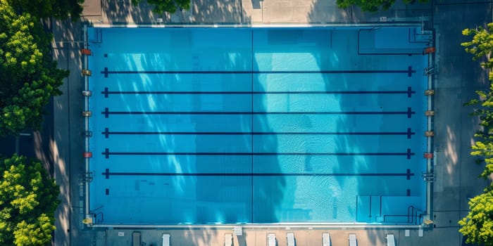 A pool with a blue water and a white fence. The water is calm and clear