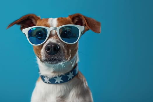 Jack Russell dog with a collar and sunglasses on a blue background with space for text.
