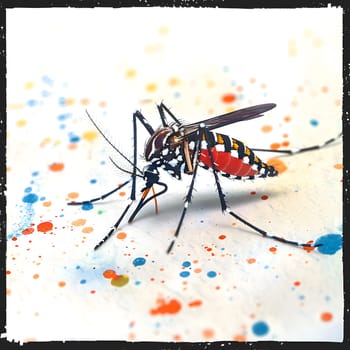 An arthropod organism, specifically a mosquito, captured on a white rectangle surface. This insect, known as a pest, is portrayed through visual arts in a paint art piece