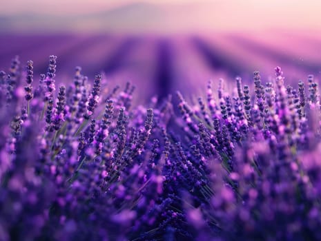 Lavender fields at twilight, soft focus and vibrant purple hues for poster and greeting card design. Aromatherapy and serene nature concept with dusk light. Ai generation. High quality photo