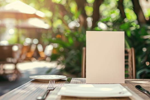 Blank menu or invite standing on wooden table in outdoor garden restaurant setting with natural green background. For food and beverage marketing or design with place for text. Ai generation. Ai