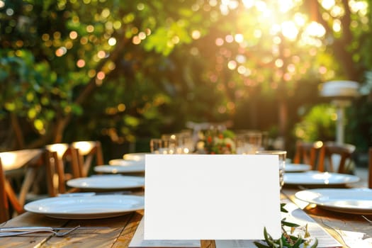 Outdoor dining setup with empty white menu on a rustic wooden table, elegant tableware and nature background. For restaurant and alfresco dining concept with copy space. Ai generation. High quality