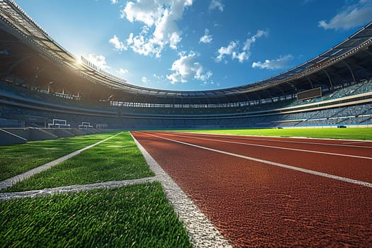 Red running track on the sports ground of a modern stadium. Treadmill at the stadium. Hobbies and recreation.