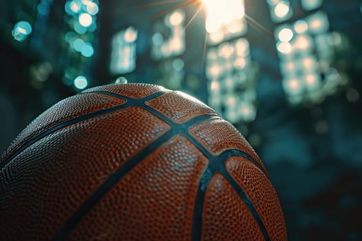 Basketball close-up with blurred background. Professional basketball game concept. Hobbies and recreation.