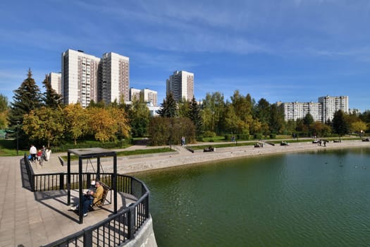 Moscow, Russia - 17 Sept. 2023. City landscape with Mikhailovsky pond in Zelenograd