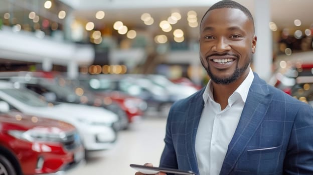 Car salesperson working at the dealership using a tablet.