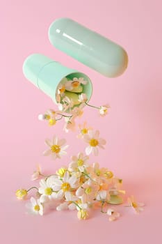 Petalcovered flowers are spilling out of a green capsule on a vibrant pink background, creating a sweet and artistic display of liquid magenta hues blending with plant stems and pedicels