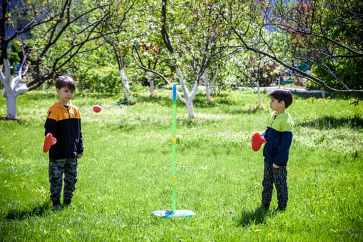 Two friends are playing tetherball swing ball game in summer camping. Two boy brother happy leisure healthy active time outdoors concept.