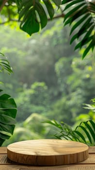 A serene zen garden platform, circular in shape, set against a backdrop of vibrant tropical leaves and soft natural light