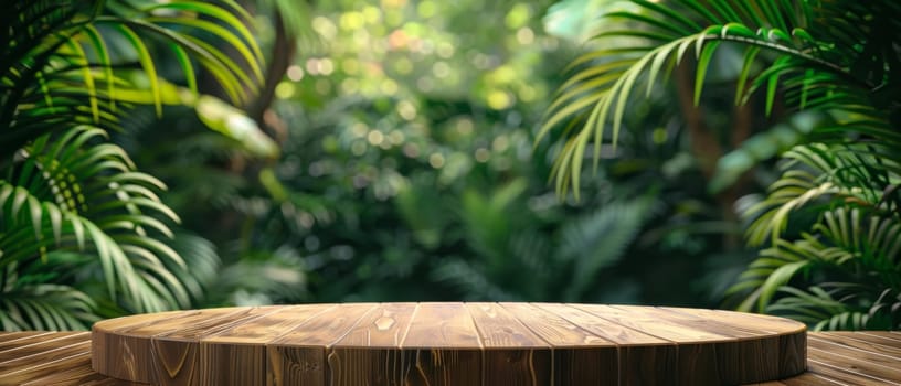 A rustic wooden podium stands amidst a lush tropical jungle, surrounded by verdant foliage and beams of warm sunlight filtering through the dense canopy