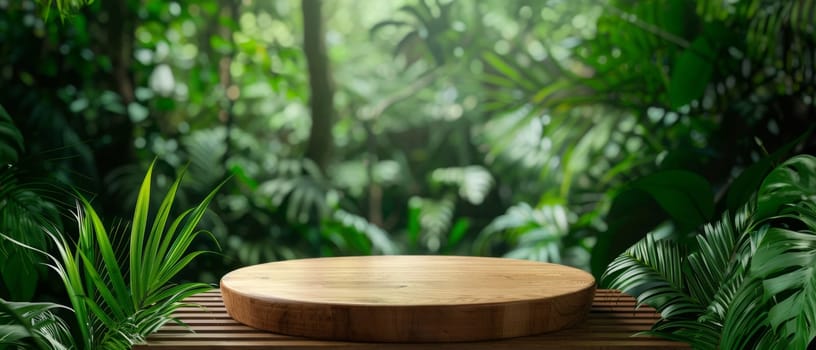 A smooth wooden pedestal sits atop a mossy, rock-strewn clearing in a mystical tropical forest, bathed in dappled sunlight and framed by lush, verdant foliage