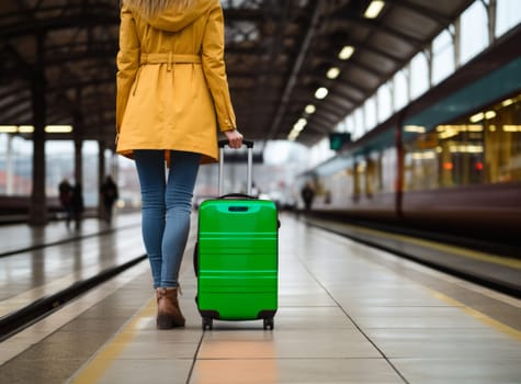 Young female traveler in a bright jacket walking with a green suitcase at the modern railway station and waiting for the train, back view. Concept of an urban transportation and travel