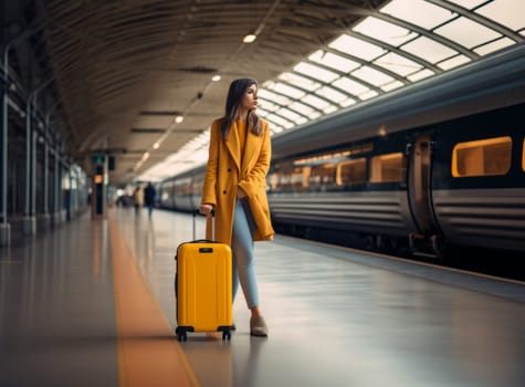 Young female traveler in a bright jacket standing with a yellow suitcase at the modern railway station and waiting for the train, front view. Concept of an urban transportation and travel