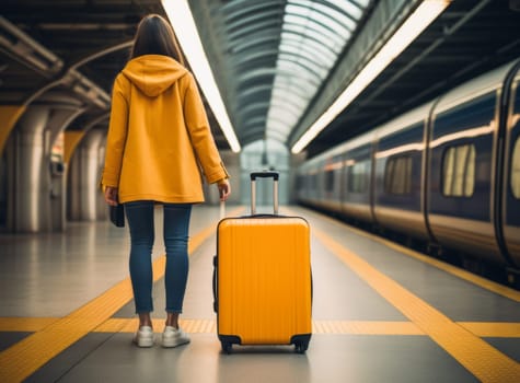 Young female traveler in a bright jacket standing with a yellow suitcase at the modern railway station and waiting for the train, back view. Concept of an urban transportation and travel