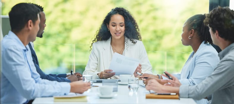 Woman, meeting and reading paperwork for project with teamwork, collaboration and cooperation. Manager, planning and speaking to staff with report, proposal review or chat with feedback on document.