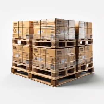 Stack of Cardboard Boxes on Wooden Pallets. Stack of brown cardboard boxes neatly arranged. Pallets are stacked on top of each other against a white background. Concept to storage, shipping, logistics