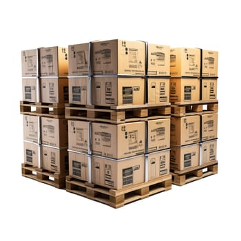 Stack of Cardboard Boxes on Wooden Pallets. Stack of brown cardboard boxes neatly arranged. Pallets are stacked on top of each other. Isolated on white background with clipping path. Storage concept