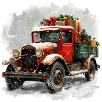 A vintage truck adorned with a festive christmas tree is navigating through the snowcovered terrain, its tires leaving tracks in the fresh powder