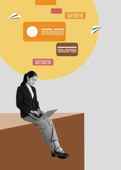 Contemporary art of business woman in suit with laptop, working online, remote working, online communication. Contemporary art collage.