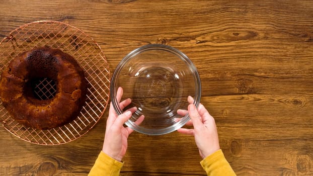 Flat lay. Whipping up salted caramel buttercream frosting for the gingerbread bundt cake.