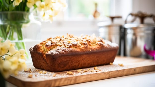 Banana bread in English country cottage, home decor and flowers, baking food and easy gluten-free recipe idea for menu, food blog and cookbook inspiration