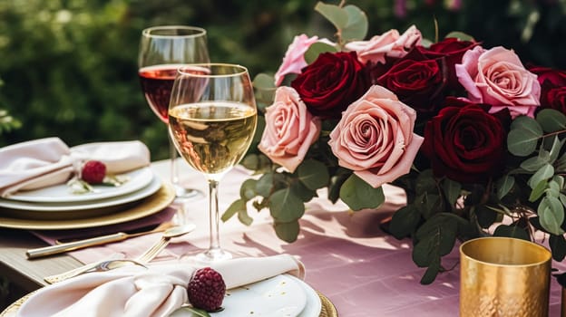 Wedding and event celebration tablescape with flowers, formal dinner table setting with roses and wine, elegant floral table decor for dinner party and holiday decoration, home styling idea