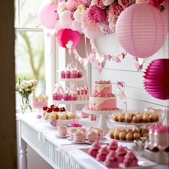 Birthday tablescape or candy bar with sweets, Birthday cake and cupcakes, beautiful party and celebration