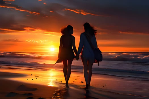 Two lesbian woman walking on beach