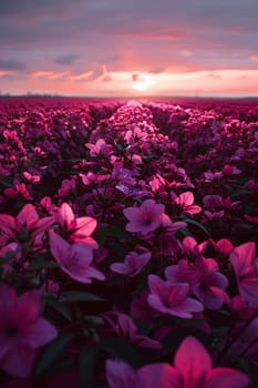 A field of pink flowers with purple petals under a sunset sky. The afterglow creates a stunning atmosphere in this natural landscape, with clouds adding to the picturesque ecoregion