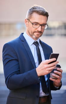 Smart, businessman and cellphone with coffee in city as property manager for company in Berlin. Male person, professional and technology for connection, communication and app in Germany in suit.
