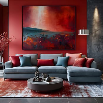 A wellfurnished living room featuring a purple studio couch and a painting hanging on the wall, showcasing the perfect blend of furniture and interior design